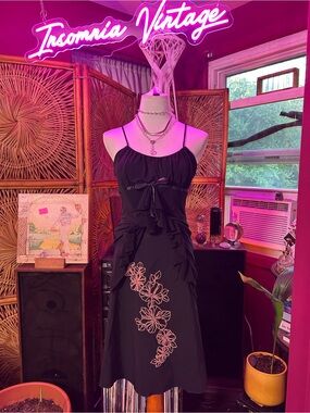 ONE Y2K Black Midi Skirt with Pink Floral Glitter Detail